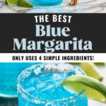 glasses of blue margarita with salted rim, ice, and fresh lime wedge garnish