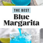 glass of blue margarita with salted rim, ice, and fresh lime wedge
