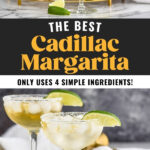 two glasses of Cadillac Margarita with salted rim, ice, and lime wedge garnish. Man's hand pouring grand marnier into a glass of cadillac margarita.