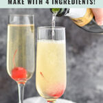 pouring bottle of champagne into a glass of French 76 ingredients with cherry garnish