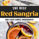 two glasses and a pitcher of red sangria with slices of fresh lemons, limes, and oranges