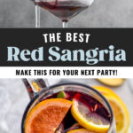 pitcher and two glasses of red sangria with slices of fresh fruit including lemons, limes, and oranges