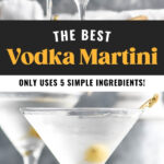 four glasses of vodka martini with olive garnish