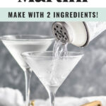 shaker pouring vodka martini ingredients into a chilled martini glass with olives as garnish
