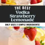 glass of vodka strawberry lemonade with ice, fresh strawberries, and lemon slices
