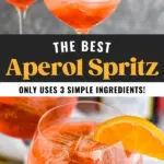 glasses of Aperol Spritz with ice and fresh orange slice garnish with bottle of sparkling wine pouring into glass
