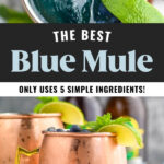 two copper mugs of blue mules with ice, blueberries, lime wedge, and mint leaves