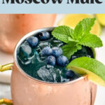 two copper mugs of blue mules with ice, blueberries, lime wedge, and mint leaves