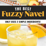 pitcher of orange juice pouring into a glass of Fuzzy Navel recipe with ice surrounded by fresh peaches and two straws