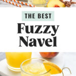 pitcher of orange juice pouring into a glass of Fuzzy Navel recipe with ice surrounded by fresh peaches and two straws