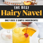 glasses of Hairy Navel cocktail with ice, garnished with orange slice and cherry, surrounded by straws and fresh peach slices