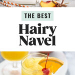 two glasses of ice with jigger of vodka pouring into one to make a Hairy Navel recipe. Glass of Hairy Navel with ice and garnished with a cherry and slice of orange