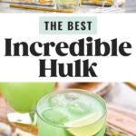 jigger of Hpnotiq pouring into glass of Cognac and ice to make an Incredible Hulk cocktail