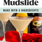 two martini glasses of Mudslide recipe surrounded by chocolate shavings, two straws, a bottle of Bailey's and a bottle of Kahlua