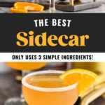 shaker pouring Sidecar ingredients into a glass with sugared rim and orange slice garnish