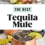 copper mugs of tequila mule ingredients with ice and fresh lime wedges