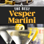 man pouring shaker of Vesper Martini into a glass. Two glasses of Vesper Martini with lemon twist