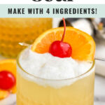 pinterest graphic of glass of whiskey Sour with ice frothy egg white garnished with orange slice and a cherry with text that says "Whiskey Sour, so easy! Make with 4 ingredients!"