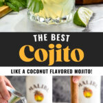 making Cojito recipe with Malibu rum, mint leaves, slices of lime and ice