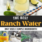 Making Ranch Water cocktails with jigger of tequila and mineral water pouring into a glass with ice. Fresh lime wedge garnish.