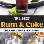 glasses of rum and coke ingredients showing how to make a rum and coke with ice and slices of lime