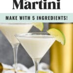 two martini glasses of Key Lime Martini garnished with lime wedge and cocktail shaker in the background