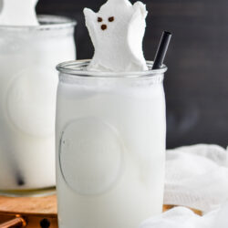 two glasses of Drunk Ghost with ice, straws, and garnished with Ghost Peep