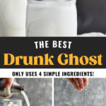 making Drunk Ghost recipe with two glasses, ingredients, straws and garnished with a Ghost Peep