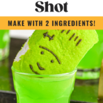 shot glass of Frankenstein Shot recipe garnished with green peep