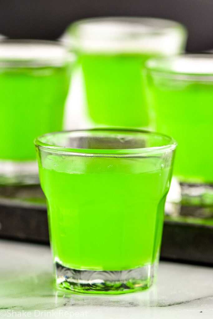 four shot glasses of green Frankenstein Shot recipe