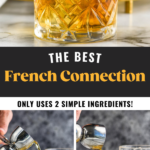 jigger of French Connection ingredients pouring old fashioned glasses of French Connection cocktail with ice