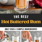 mugs of Hot Buttered Rum recipe with man's hand pouring rum and butter into glass to make the recipe