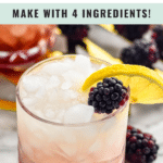 glass of Bramble ingredients with crushed ice garnished with blackberries and a slice of lemon