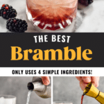 man's hand pouring a cocktail shaker of Bramble recipe ingredients into a glass of ice, then pouring a jigger of Creme de Mure into the glass, glass of Bramble cocktail garnished with a blackberry and slice of lemon