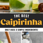 making a Caipirinha recipe with muddled limes and sugar and adding Cachaça with ice.