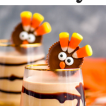 two glasses of Drunk Turkey recipe with chocolate syrup drizzle and peanut butter cup garnish