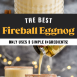 cocktail shaker of Fireball Eggnog ingredients pouring into a glass rimmed with cinnamon sugar and garnished with cinnamon sticks