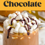 mug of Spiked Hot Chocolate recipe topped with marshmallows and chocolate syrup