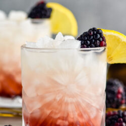 two glasses of Bramble ingredients with ice, garnished with fresh blackberries and a slice of lemon
