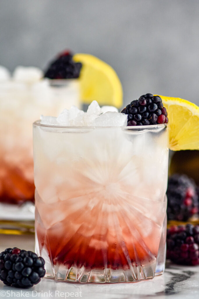 two glasses of Bramble ingredients with ice, garnished with fresh blackberries and a slice of lemon