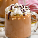 mug of Spiked Hot Chocolate recipe top with marshmallows and chocolate drizzle
