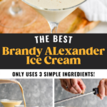 man making Brandy Alexander Ice Cream recipe in a martini glass and garnishing with grated nutmeg