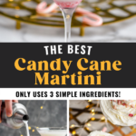 martini glasses of Candy Cane Martini recipe topped with whipped cream and crushed candy canes