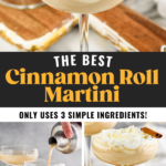 glass of Cinnamon Roll Martini ingredients topped with whipped cream and garnished with a cinnamon stick