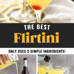 making a Flirtini recipe with champagne in a martini glass garnished with a fresh pineapple slice and a cherry