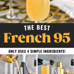 man's hand making French 95 recipe in a champagne flute garnished with orange twist surrounded by bottles of Bourbon and Champagne