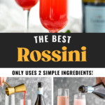 making Rossini recipe in a champagne flute with Prosecco and strawberry puree garnished with fresh strawberries