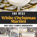 making a White Christmas Martini recipe in a coupe glass garnished with white sprinkles