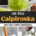 making Caipiroska recipe by muddling sugar and limes with cocktail muddler then jigger of vodka pouring into glass of Caipiroska ingredients garnished with a lime