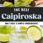 man's hand pouring jigger of vodka into a glass of Caipiroska ingredients. Glass of Caipiroska recipe with ice and lime garnish